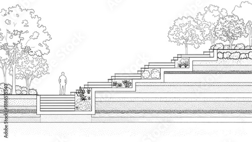 Detailed architectural cross-section illustrating a terraced landscape design with multiple levels, lush greenery, and a solitary figure