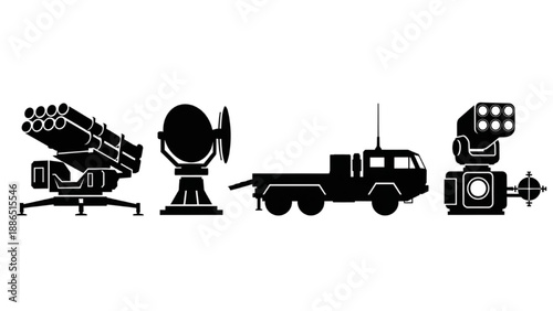 Military rocket launcher systems and radar icon set