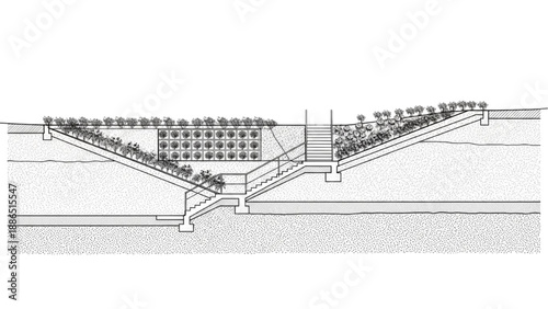 Architectural illustration of a multi-tiered green infrastructure design for urban environments