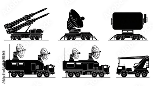Military radar, communication, and vehicle systems, set of illustrations