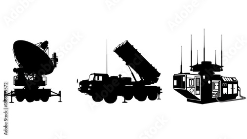 Military defense system illustrated with radar truck and command post