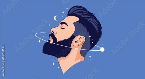 Profile of a bearded man with his eyes closed surrounded by a stylized orbital ring, stars, and a crescent moon against a blue background.