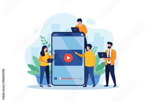 People interacting with large smartphone and laptops in a playful scene for video content creation and collaboration