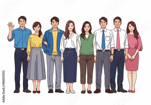 A diverse group of eight business professionals standing together in a friendly and approachable manner