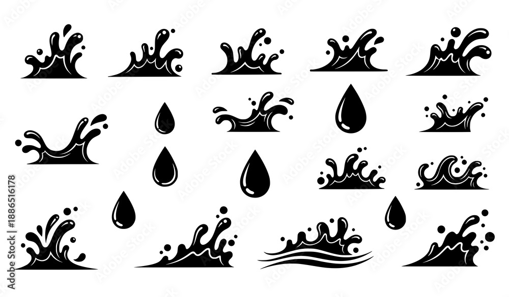 Fototapeta premium Water splash vector illustration set black silhouettes isolated
