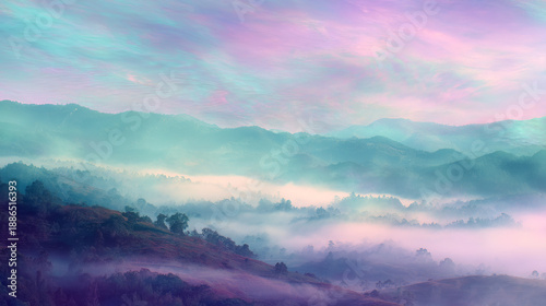 Wallpaper Mural Ethereal mountain landscape with rolling hills covered in dense fog under a vibrant pastel sunrise sky. Torontodigital.ca