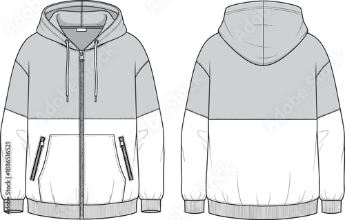Two tone hooded jacket vector illustration, fashion flat sketch front back view, modern casual outerwear design, technical apparel drawing, clothing template