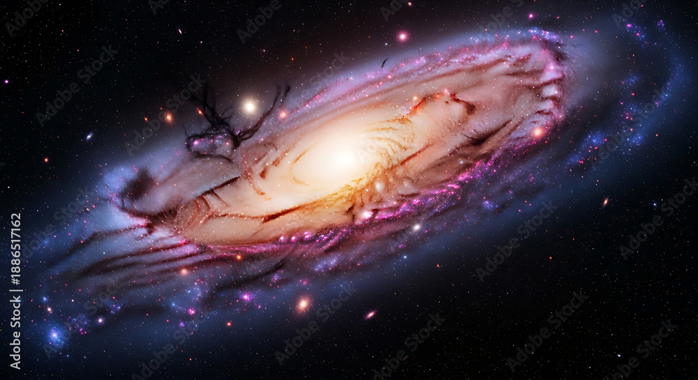 Fototapeta premium Majestic Spiral Galaxy Illuminated by Distant Stars, Revealing Cosmic Dust and Nebulae in a Celestial Dance