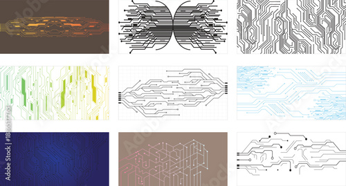 Set of modern technology banners with abstract digital designs in various colors. Perfect for tech presentations, 