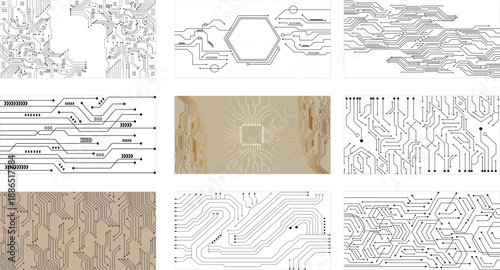 Set of modern technology banners with abstract digital designs in various colors. Perfect for tech presentations, 