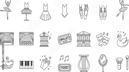 Ballet icons collection, theater and dance symbols, pointe shoes, costumes, swan lake elements, performing arts vector illustration
