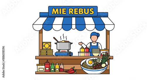 Mie Rebus Street Food Stall with Cook and Ingredients Illustration.