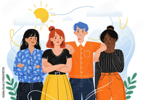 Diverse group of young adults standing together with arms crossed smiling