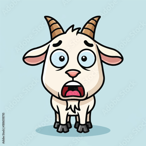 A cartoon goat with horns stands shocked on a light blue background illustration