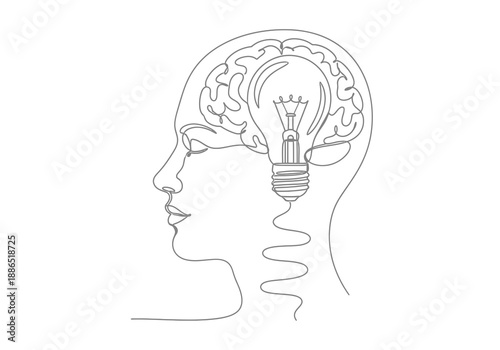 A line drawing of a human head with a lightbulb and brain