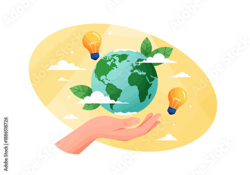 Hand holding earth with leaves and light bulbs in a yellow oval with clouds