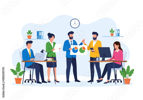 A group of diverse office workers collaborating and interacting in a modern workspace environment with computers and plants