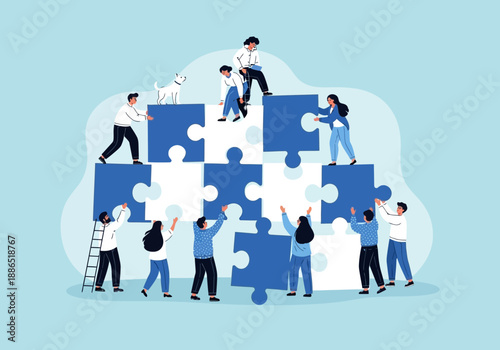 A group of people working together to complete a puzzle with blue and white pieces
