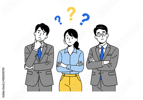 Three puzzled business colleagues with question marks thinking confused