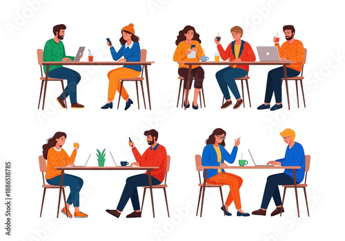 Illustration of diverse people sitting at tables with laptops and phones in casual setting