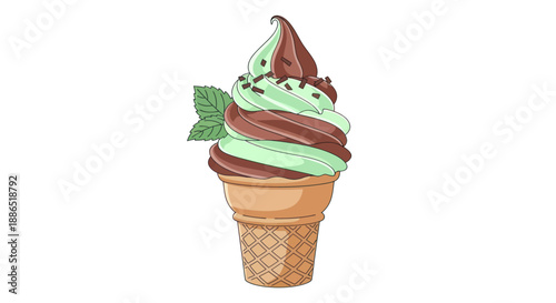 Illustrated mint chocolate chip soft serve ice cream swirl in a waffle cone.