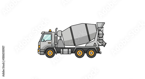 A detailed cartoon illustration of a grey concrete mixer truck from the side view.