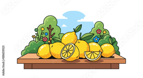 Bright Yellow Lemons Whole and Sliced on a Rustic Wooden Table.