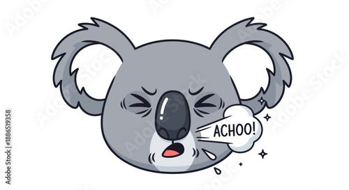 A cute gray cartoon koala head sneezing loudly with the word ACHOO in a speech bubble.