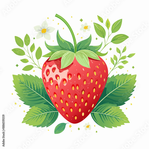 Strawberry surrounded by leaves and flowers, cartoon style vector illustration