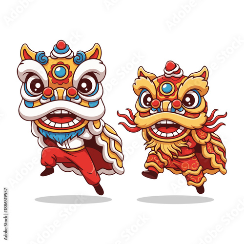 Fotografie Cartoon Style Pair Lion Dance Cute Character Illustration Graphic Asset