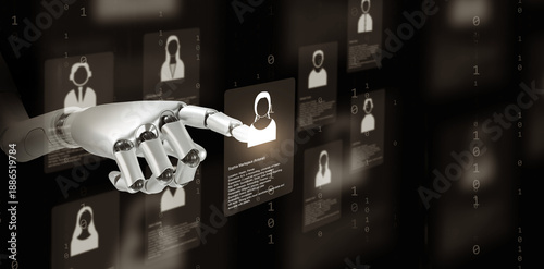 Robot hand selecting candidate profile on digital screen. Concept of AI recruitment, automation in human resource management, future technology, and intelligent data-driven hiring system.