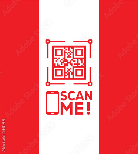 Red QR code icon with "SCAN ME!" text and smartphone symbol on a white vertical strip between red panels. Modern vector graphic for mobile links, contactless payments, and digital marketing.