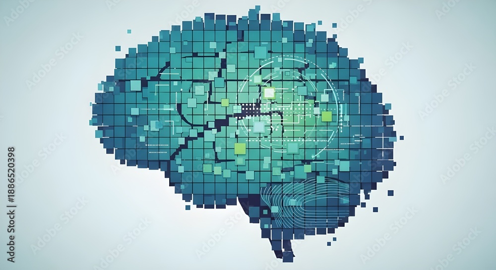 Obraz premium Pixelated brain illustration with grid pattern