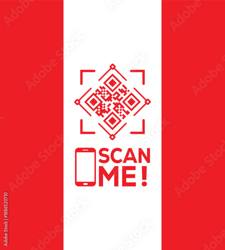 Red QR code icon with "SCAN ME!" text and smartphone symbol on a white vertical strip between red panels. Modern vector graphic for mobile links, contactless payments, and digital marketing.