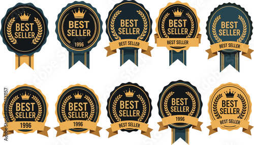 Best seller badge collection, crown emblem design, premium product label, marketing icon, top rated seal, bestseller stamp, award symbol, vector illustration, retail branding graphic