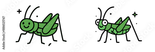 Happy green grasshoppers in a playful vector illustration style