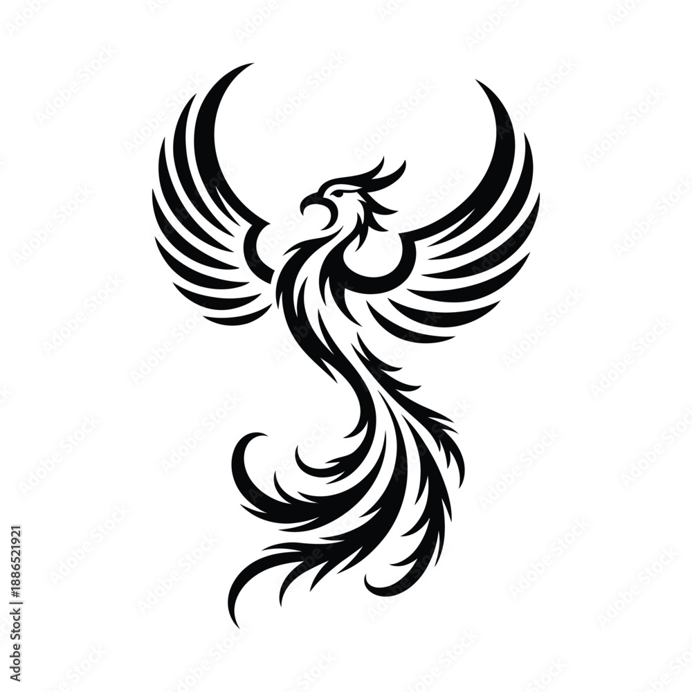 Fototapeta premium Black silhouette of a rising phoenix bird with spread wings and tail feathers icon