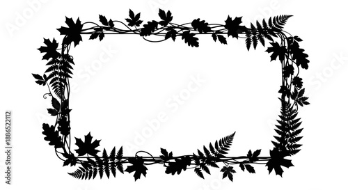 Rectangular Frame of Ferns Maple Leaves and Twigs Silhouette.