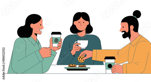 Three Diverse Friends Enjoying Coffee and Cookies Having a Casual Conversation.