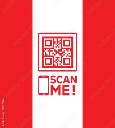 Red QR code icon with "SCAN ME!" text and smartphone symbol on a white vertical strip between red panels. Modern vector graphic for mobile links, contactless payments, and digital marketing.