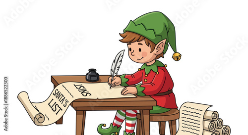 Cartoon Elf Writing on Santas List with Quill and Ink.