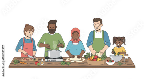Diverse Family Cooking Together at Home Preparing a Meal with Fresh Vegetables and Ingredients.