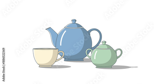 A charming illustrated tea set with a blue teapot green sugar bowl and cream teacup.