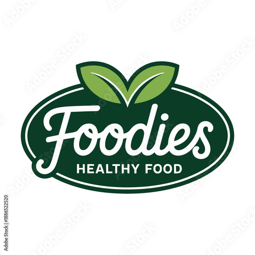 Green oval logo with Foodies Healthy Food text and leaves on white background icon