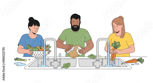 Three diverse friends washing and peeling fresh vegetables together at a large kitchen sink.