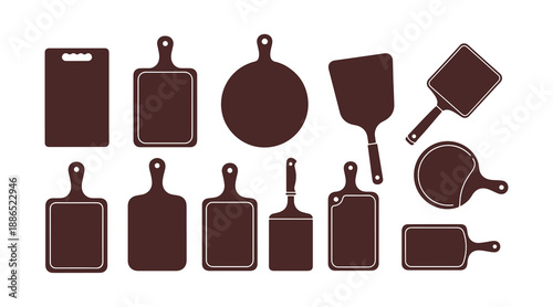 Vector Set of Kitchen Cutting Boards. Cutting Boards featuring Handles in Various Shapes. Outline Illustration of Wooden Chopping Boards, Kitchen Utensils. Tools for Cutting Boards, Wooden Cooking Boa
