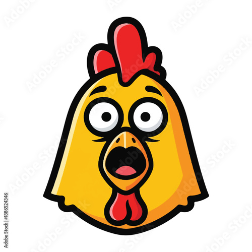Cartoon chicken head with surprised expression facing directly, illustration, vibrant colors, front view