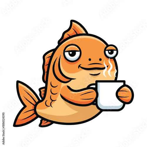 Cartoon fish holding a steaming cup in a relaxed aquatic environment from a front viewpoint