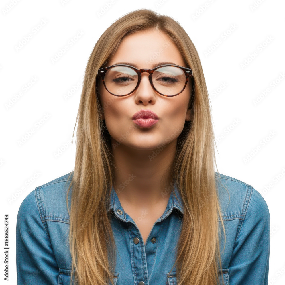 Obraz premium Young woman with blonde hair and glasses puckering lips isolated on transparent background
