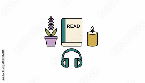 A collection of items for relaxation and quiet enjoyment, including a plant, book, candle, and headphones.